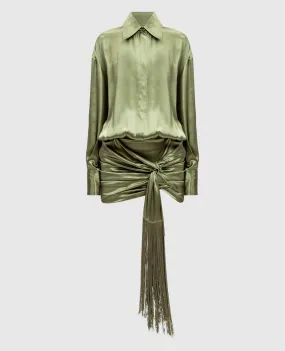 The Attico Green silk shirt dress with fringe